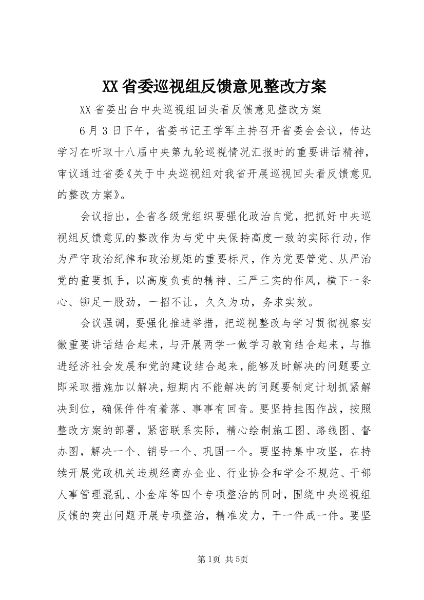 XX省委巡视组反馈意见整改方案