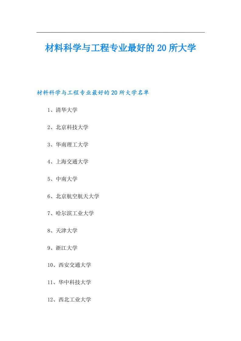 材料科学与工程专业最好的20所大学