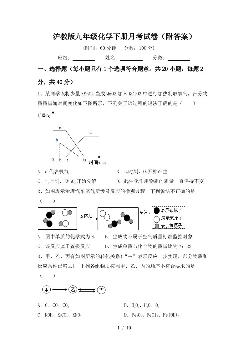 沪教版九年级化学下册月考试卷附答案