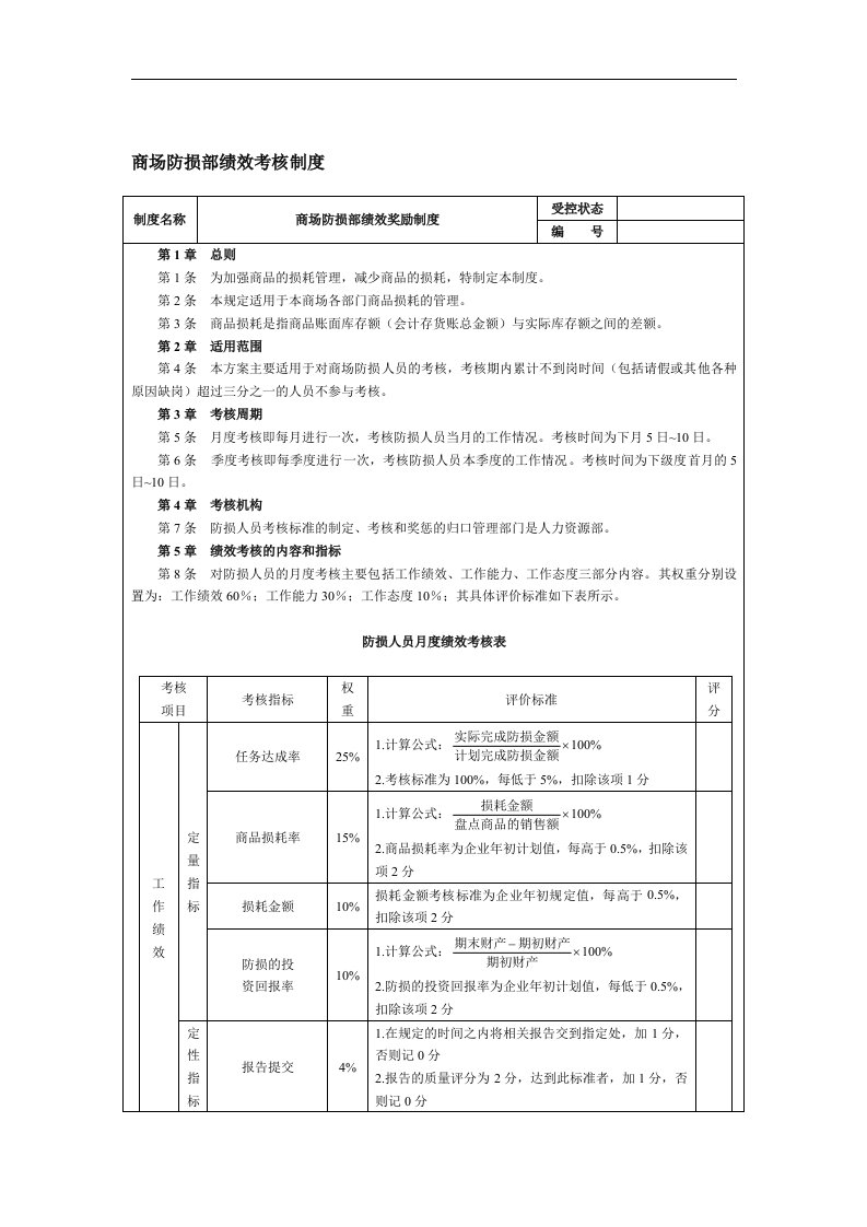 【管理精品】商场防损部绩效考核制度