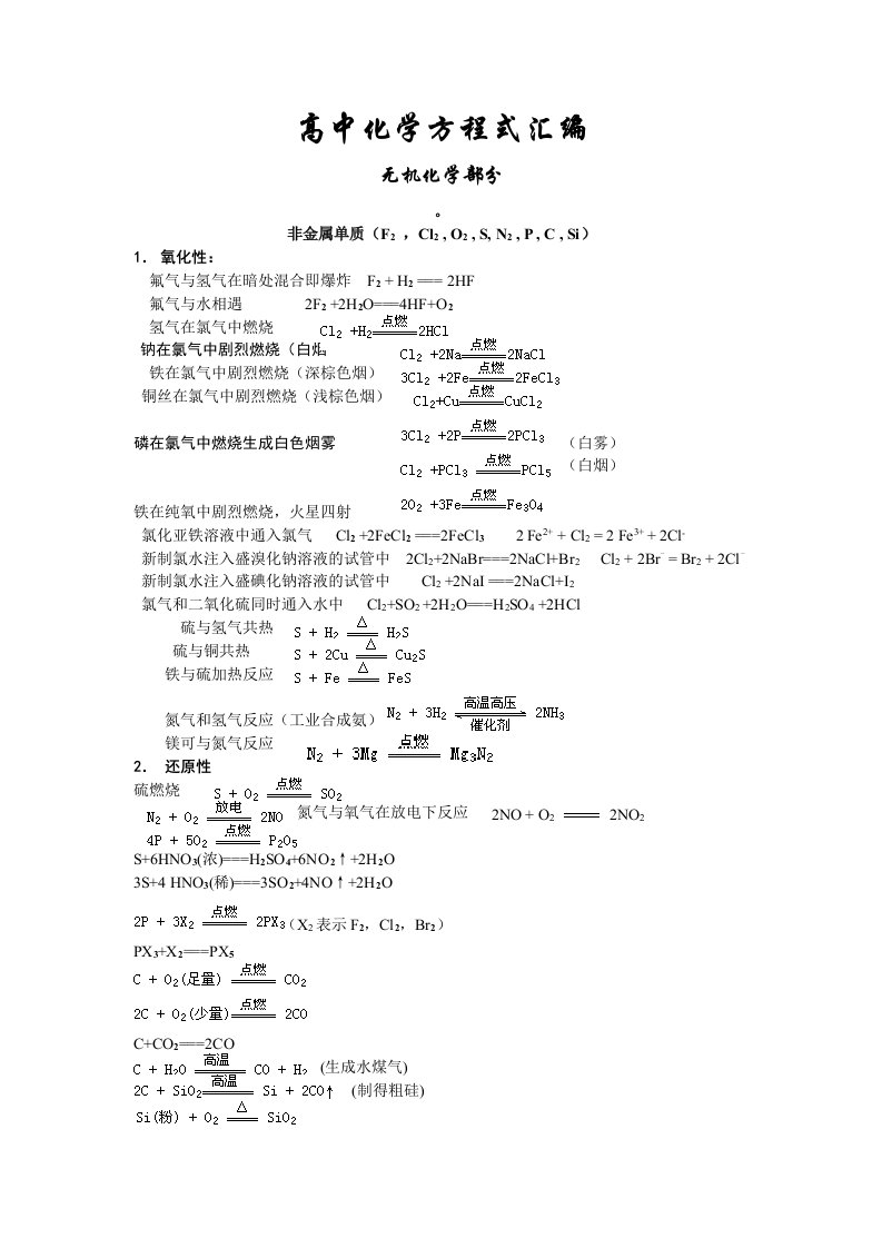 高中化学方程式大全