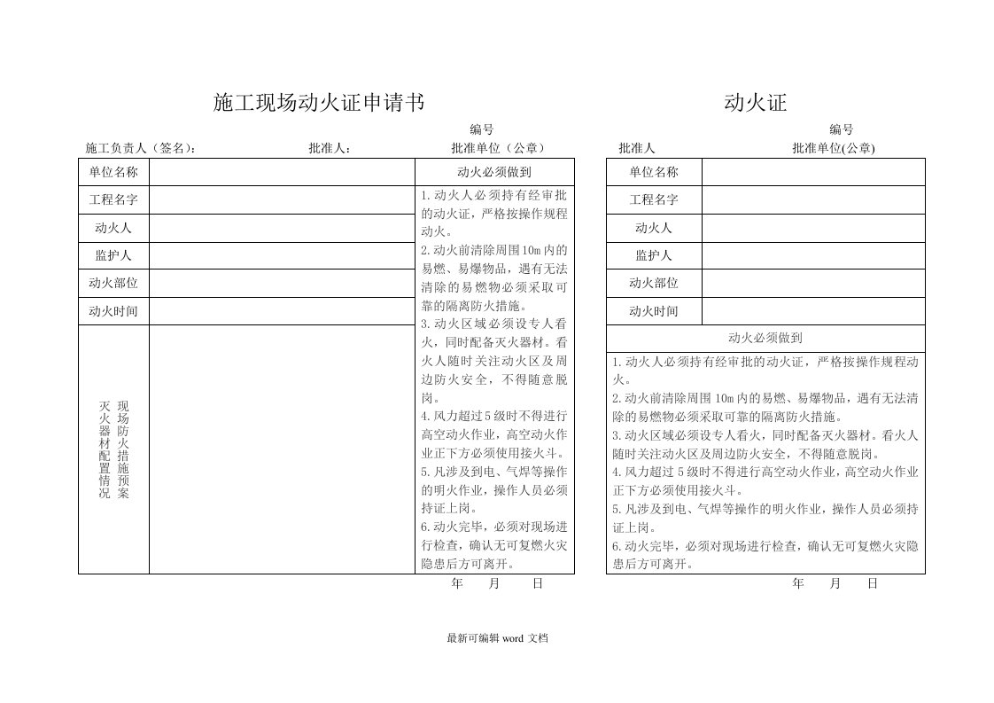 动火证申请书