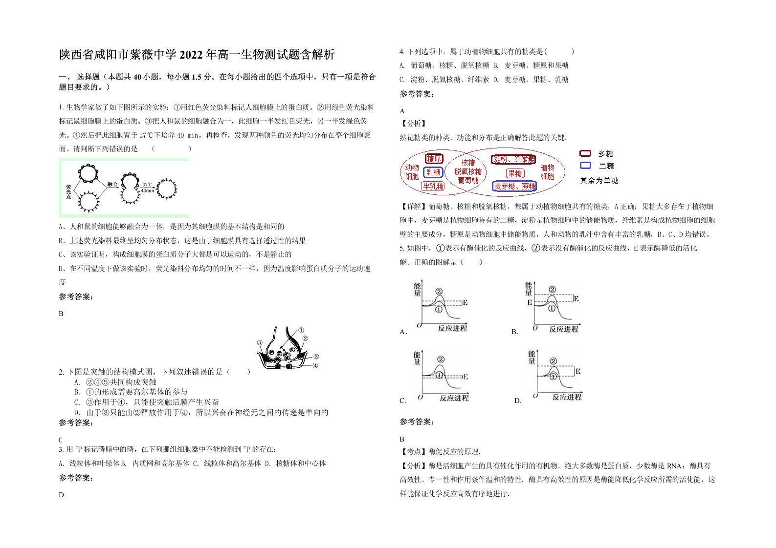 陕西省咸阳市紫薇中学2022年高一生物测试题含解析