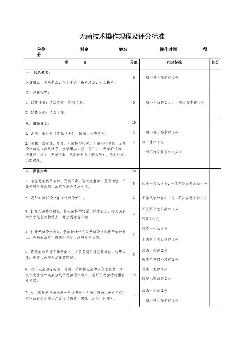 无菌技术操作规程及评分标准