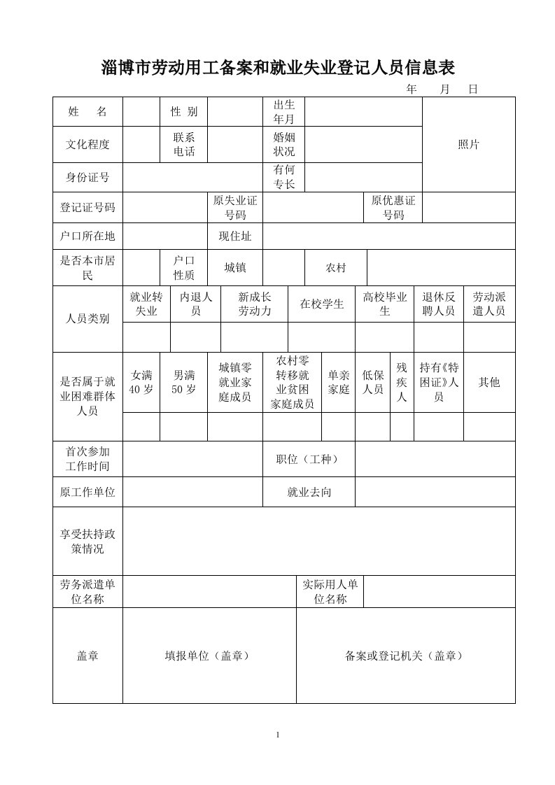 淄博市劳动用工备案和就业失业登记人员信息表