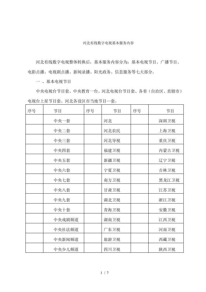 有线数字电视基本服务内容