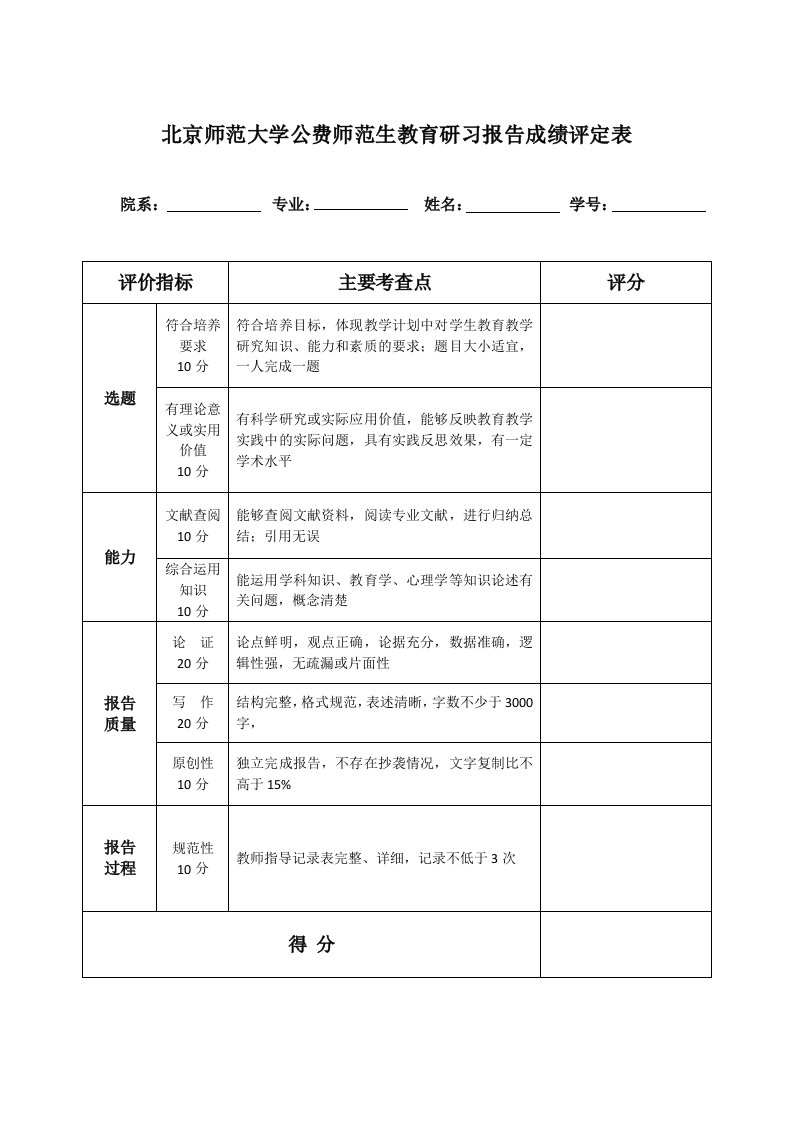 北京师范大学公费师范生教育研习报告成绩评定表