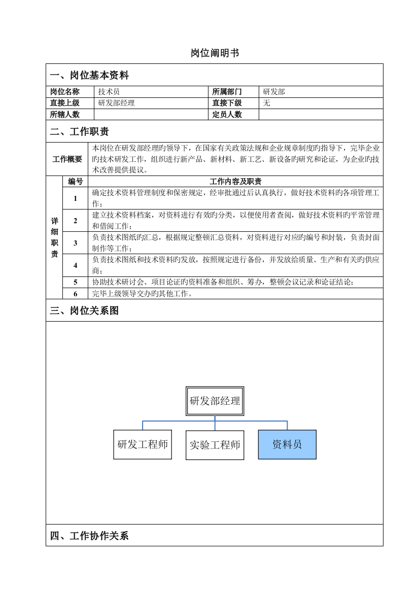 2022年研发部资料员岗位说明书