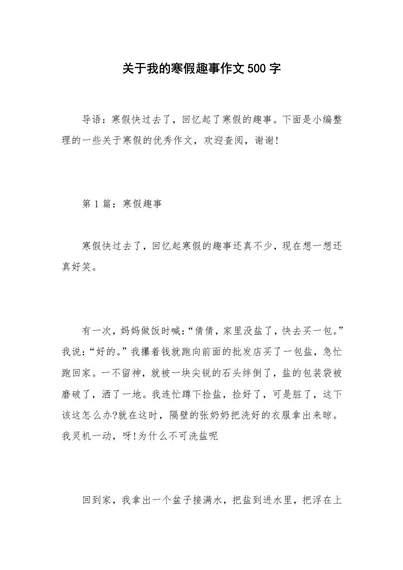 关于我的寒假趣事作文500字