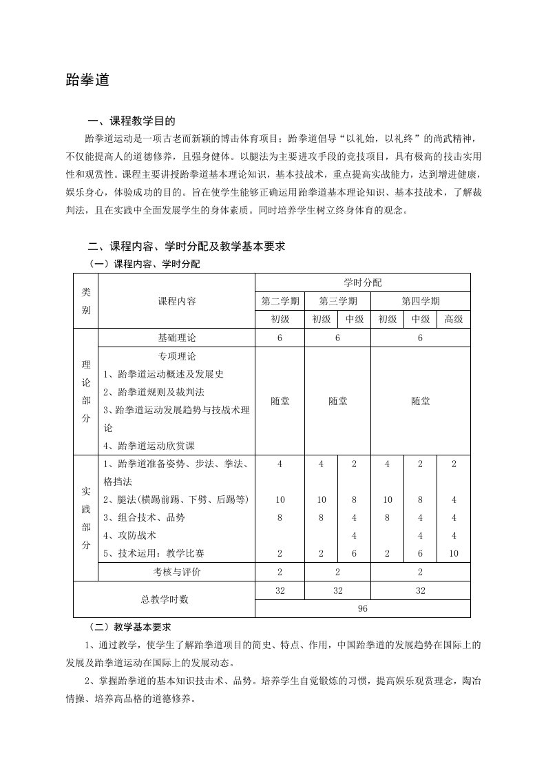 《跆拳道》课程教学大纲