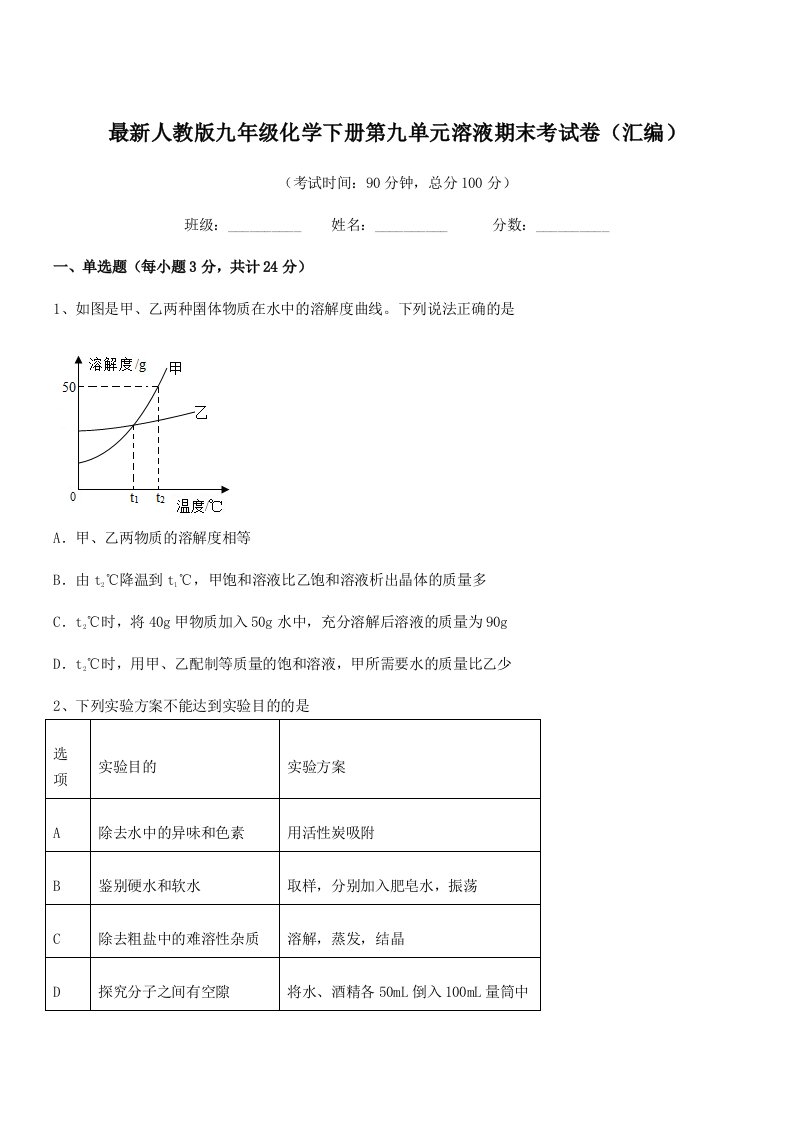 2020-2021学年最新人教版九年级化学下册第九单元溶液期末考试卷(汇编)