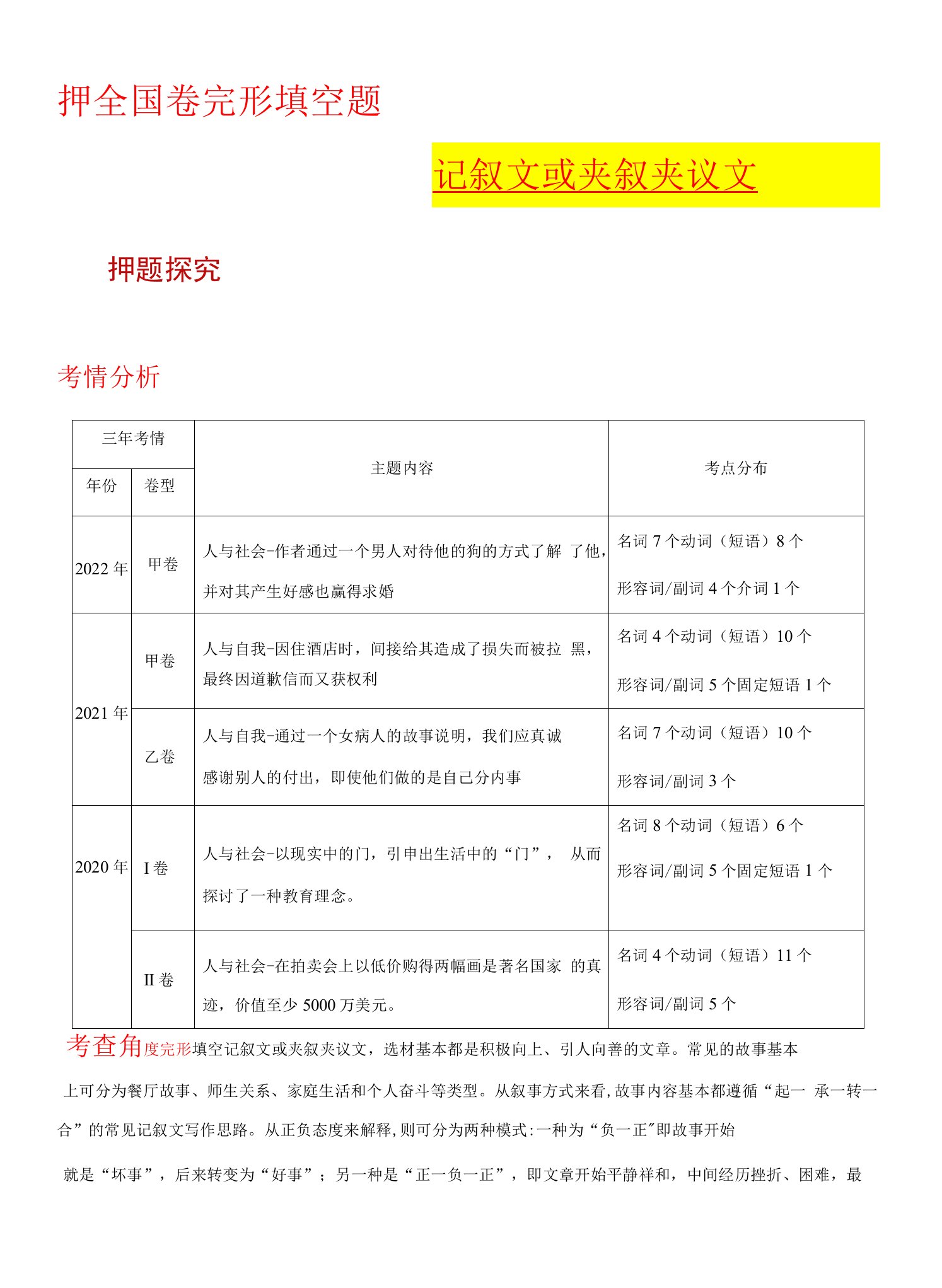 押全国卷完形填空题--记叙文或夹叙夹议文（原卷版）高考英语临考题号押题（全国乙卷）