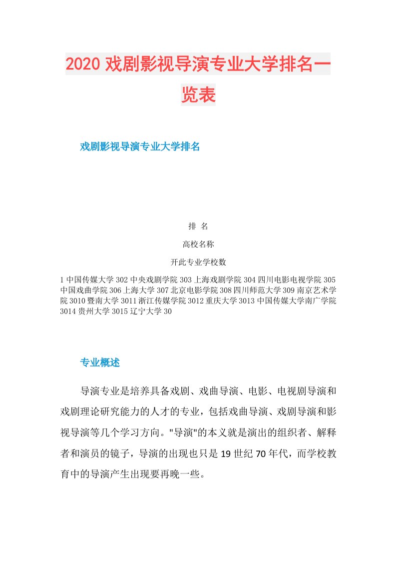 戏剧影视导演专业大学排名一览表