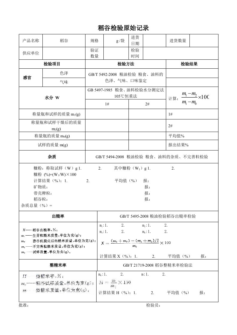 稻谷检验记录及检验报告