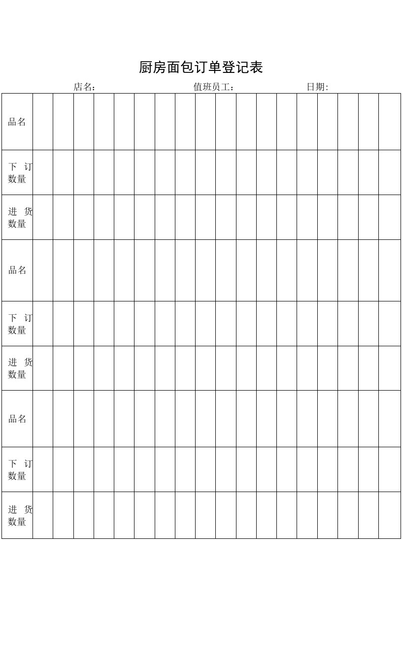 厨房面包订单登记表
