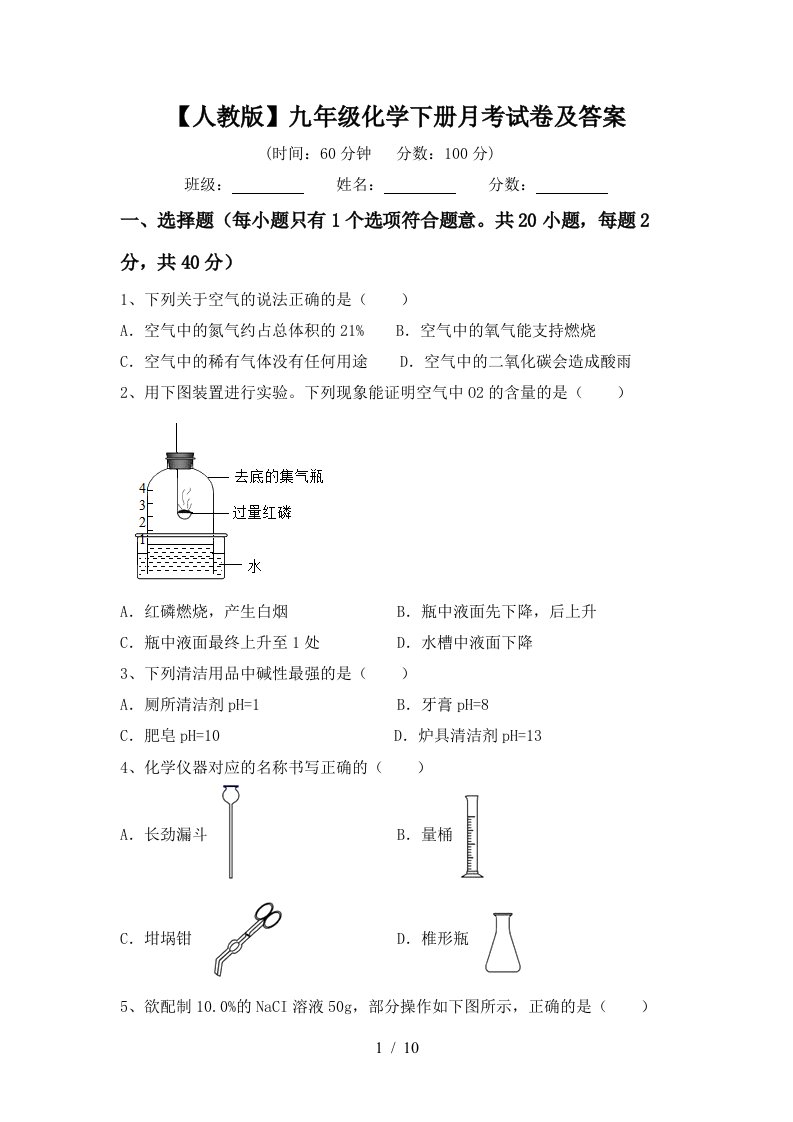 人教版九年级化学下册月考试卷及答案