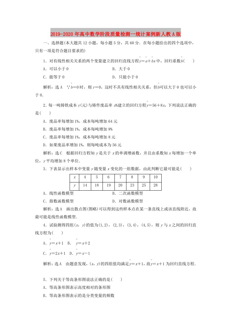 2019-2020年高中数学阶段质量检测一统计案例新人教A版