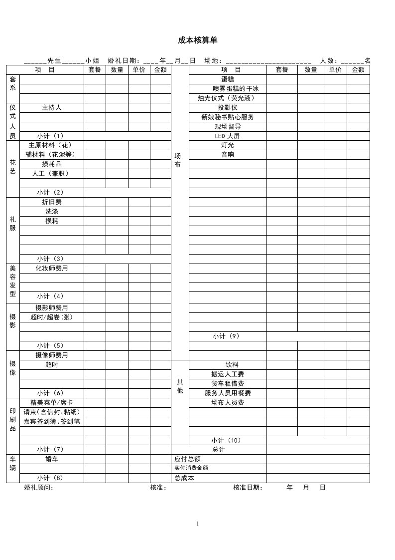 婚礼公司必备表格：成本核算单