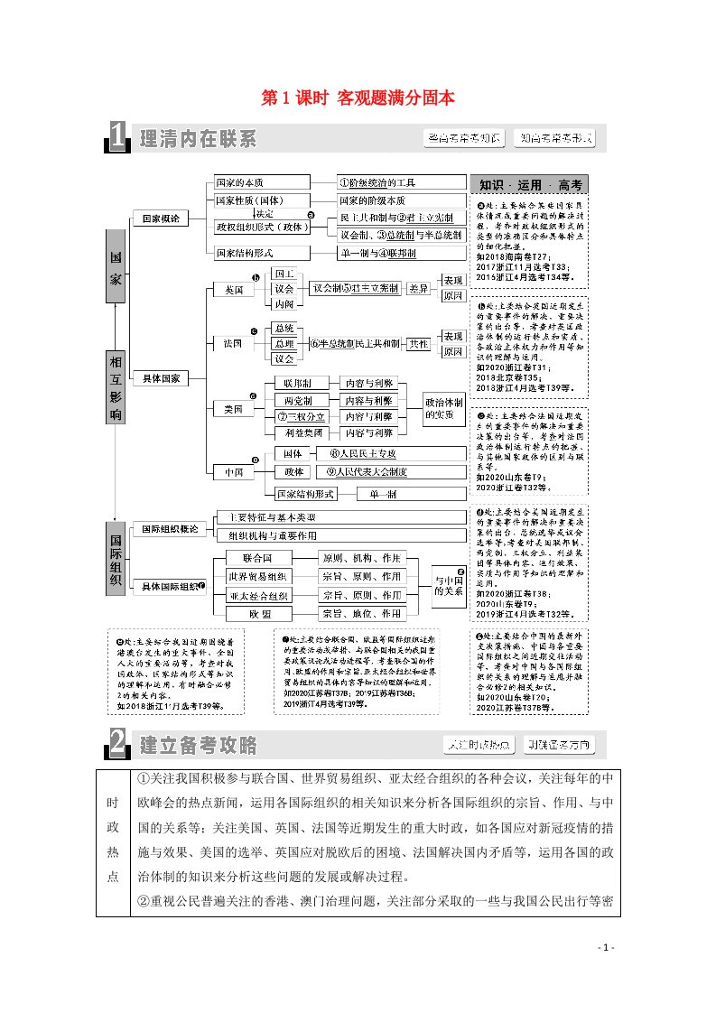 山东专用2021高考政治二轮复习第1部分专题整合突破12国家和国际组织常识第1课时客观题满分固本学案