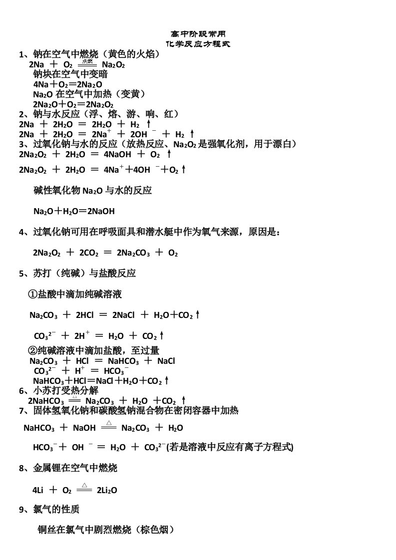 高中阶段所有的化学方程式大汇总