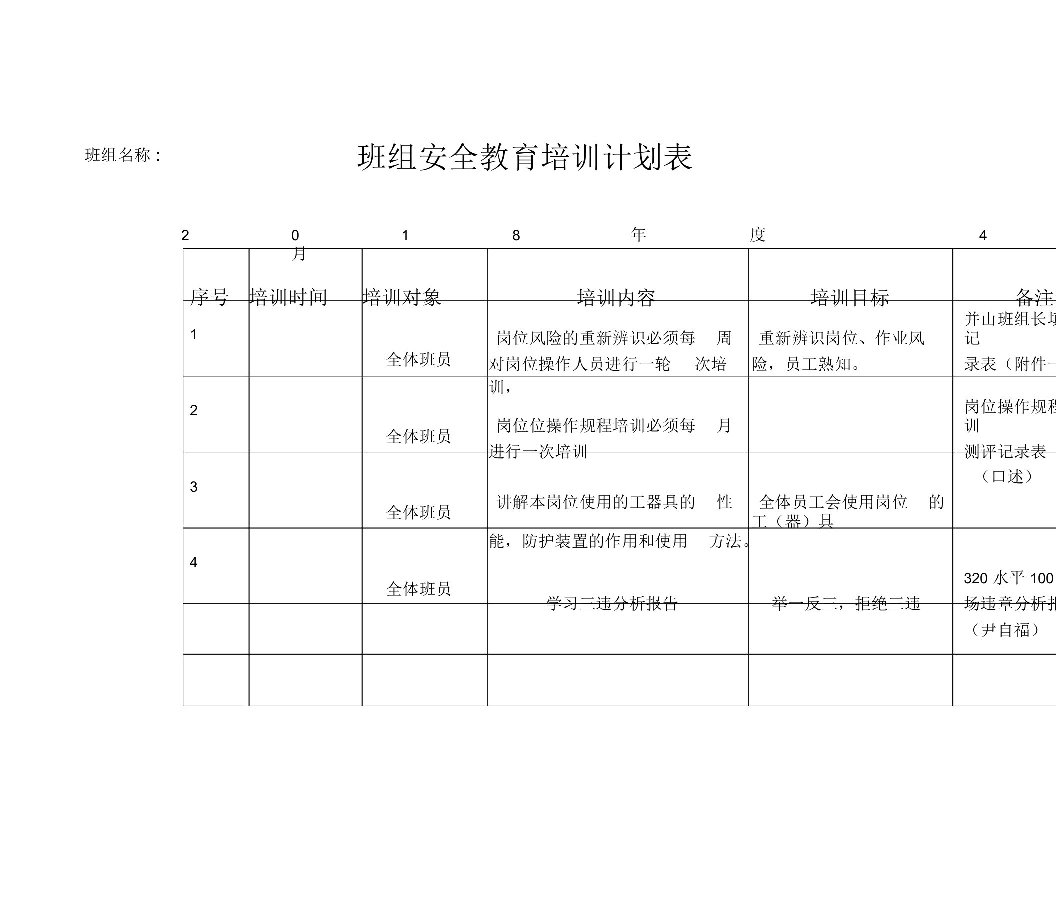 班组安全教育培训计划表4月