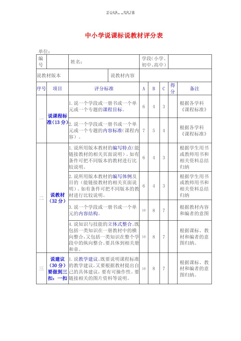 中小学说课标说教材评分表