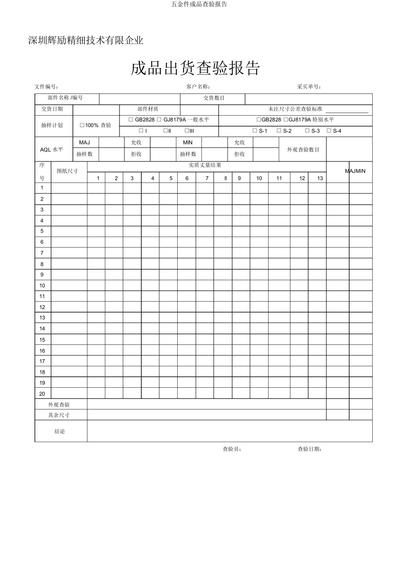 五金件成品检验报告