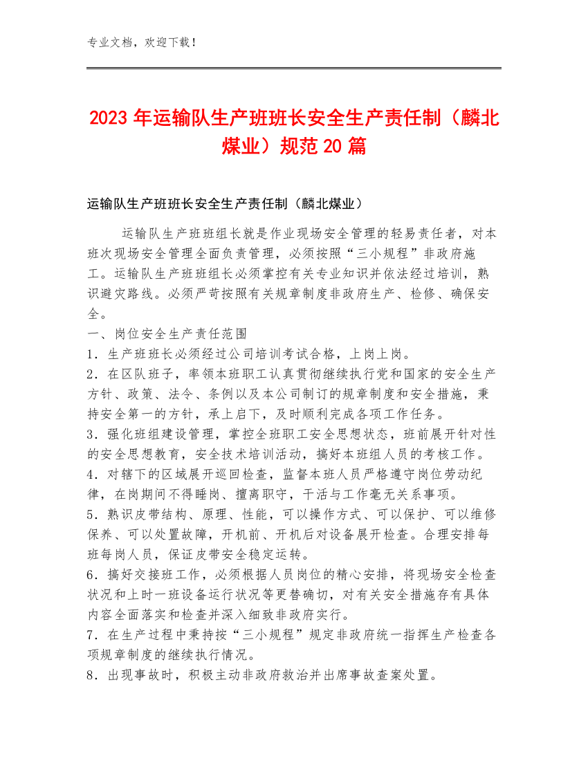 2023年运输队生产班班长安全生产责任制（麟北煤业）规范20篇