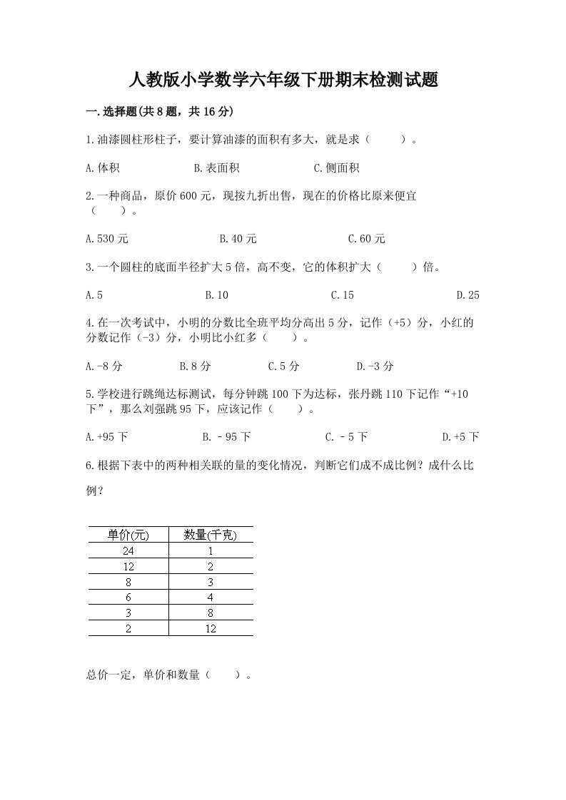 人教版小学数学六年级下册期末检测试题（精品）