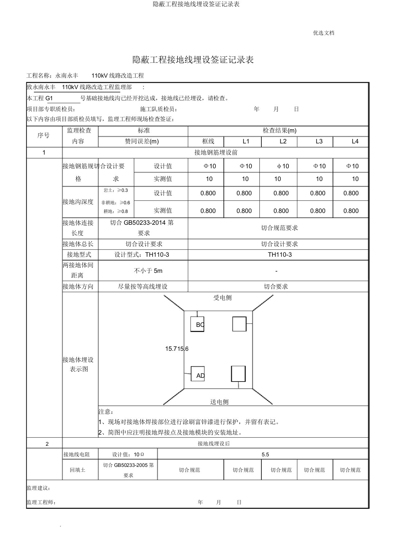 隐蔽工程接地线埋设签证记录表