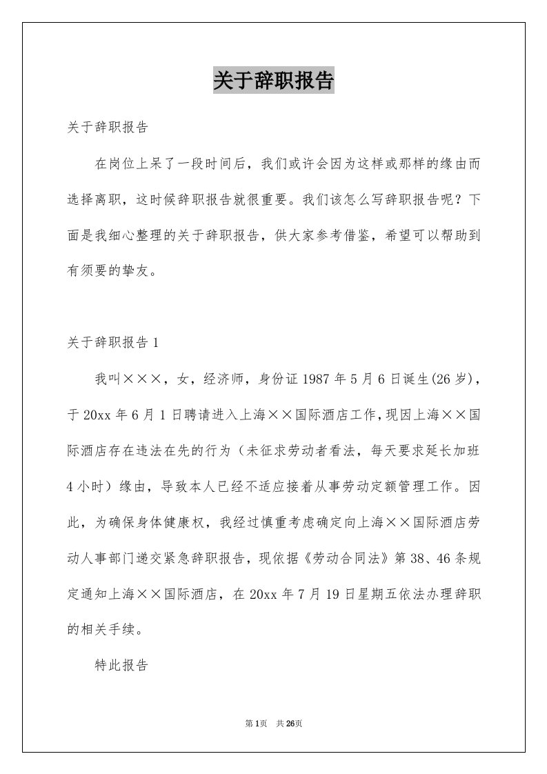 关于辞职报告例文2