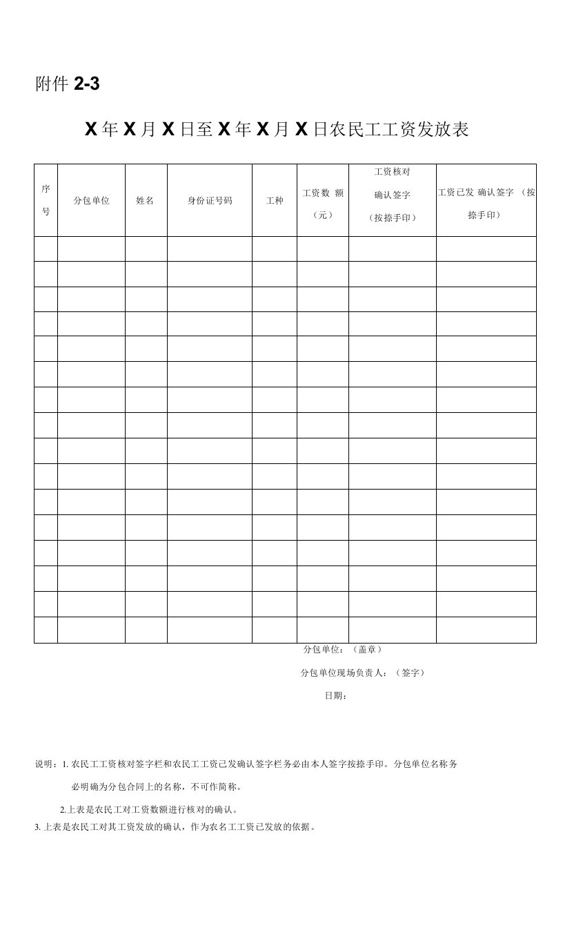 农民工工资发放表模板