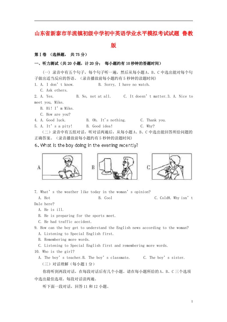 山东省新泰市羊流镇初级中学初中英语学业水平模拟考试试题