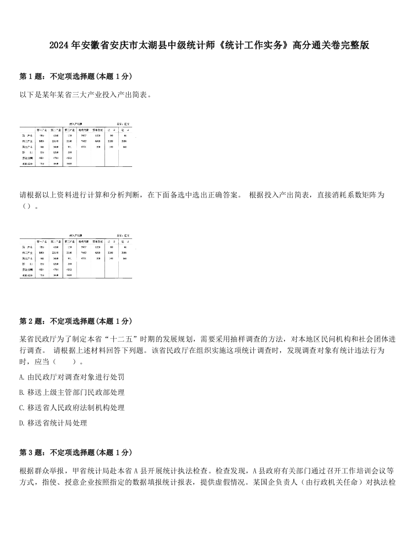 2024年安徽省安庆市太湖县中级统计师《统计工作实务》高分通关卷完整版