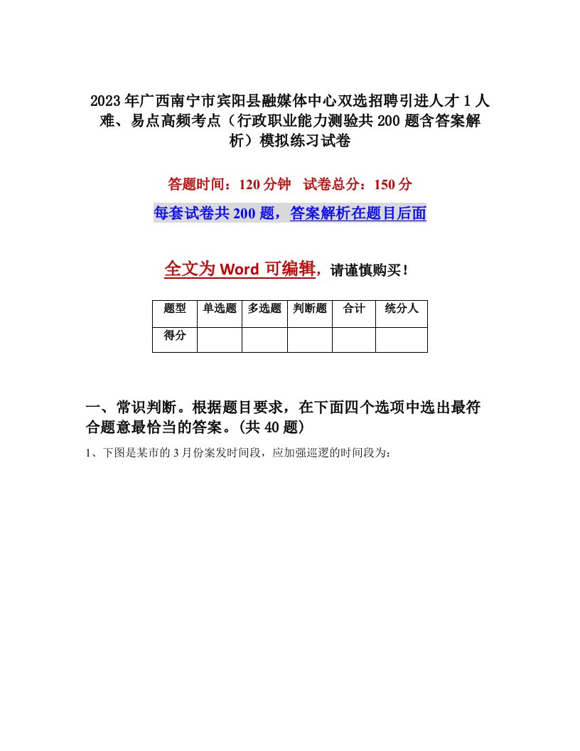 2023年广西南宁市宾阳县融媒体中心双选招聘引进人才1人难易点高频考点行政职业能力测验共200题含答案解析模拟练习试卷