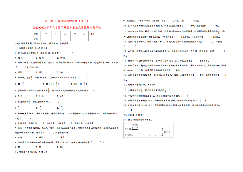 2022-2023学年六年级下册数学重难点易错题专项突破(苏教版)