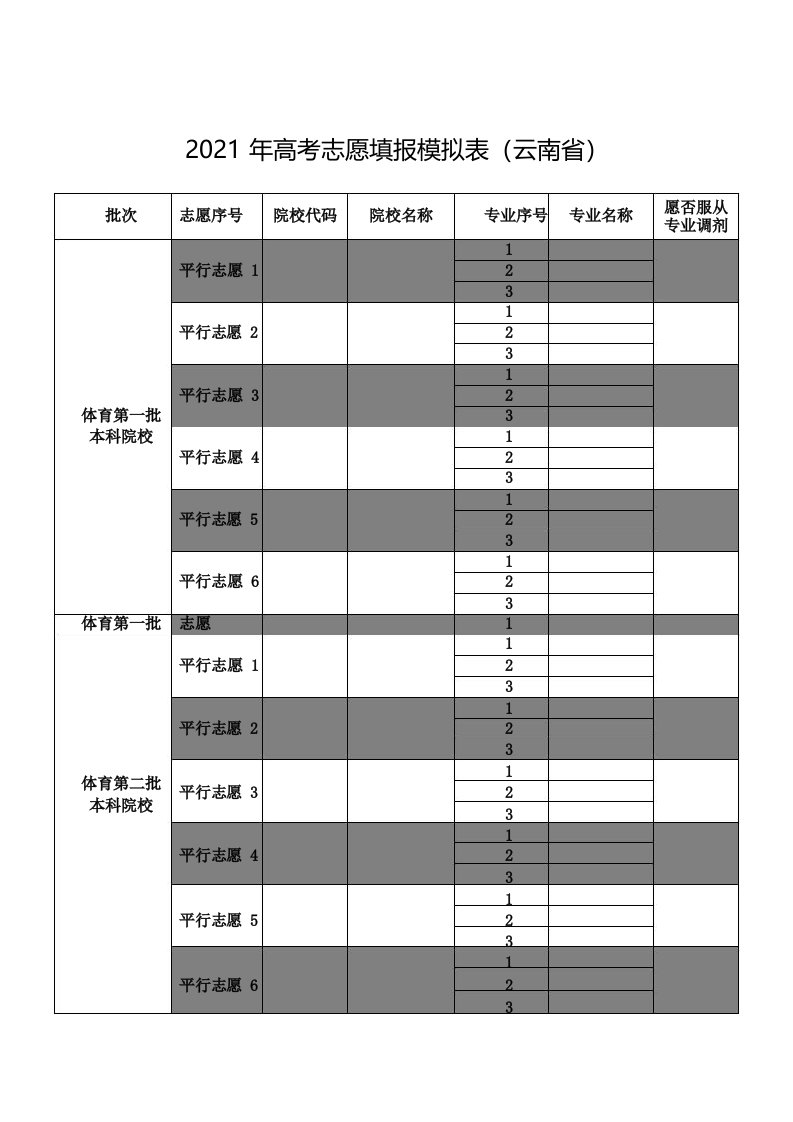 2021年高考志愿填报模拟表