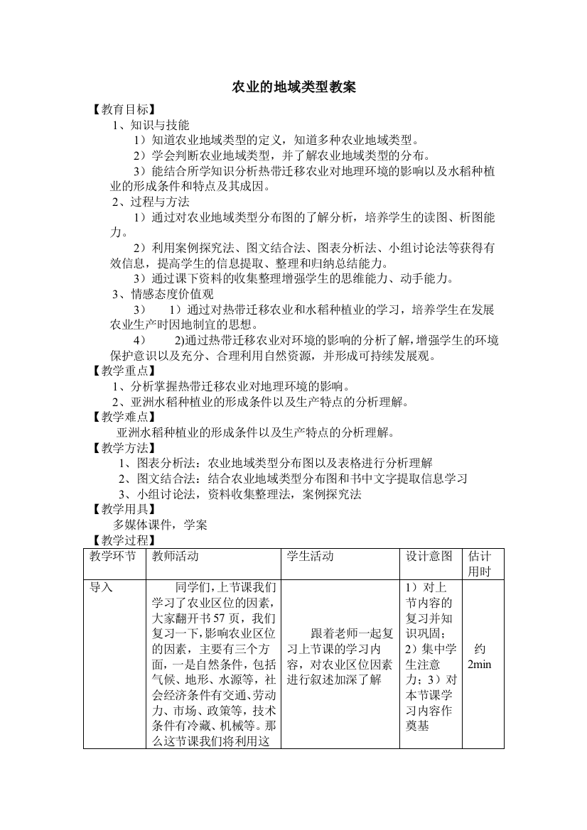 农业的地域类型教案