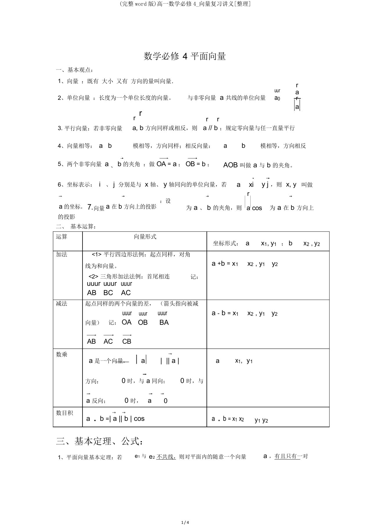 完整word版高一数学必修4向量复习讲义[整理]