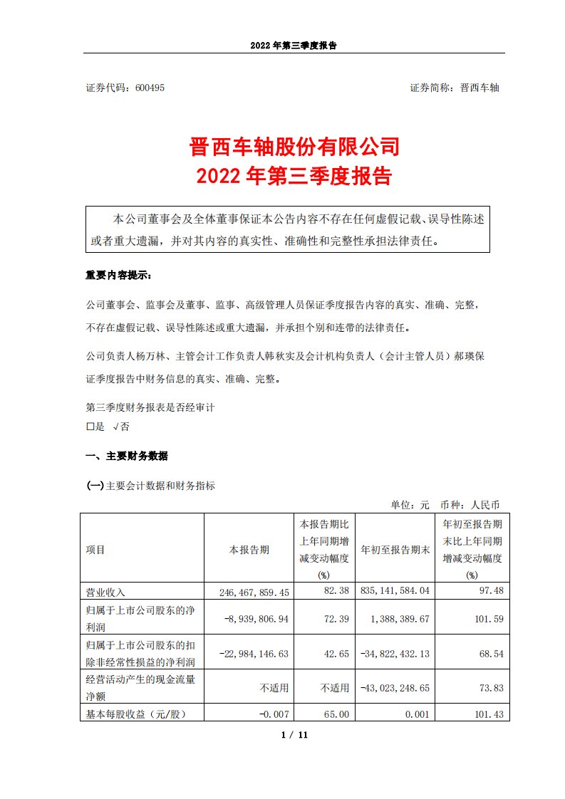 上交所-晋西车轴2022年第三季度报告-20221028