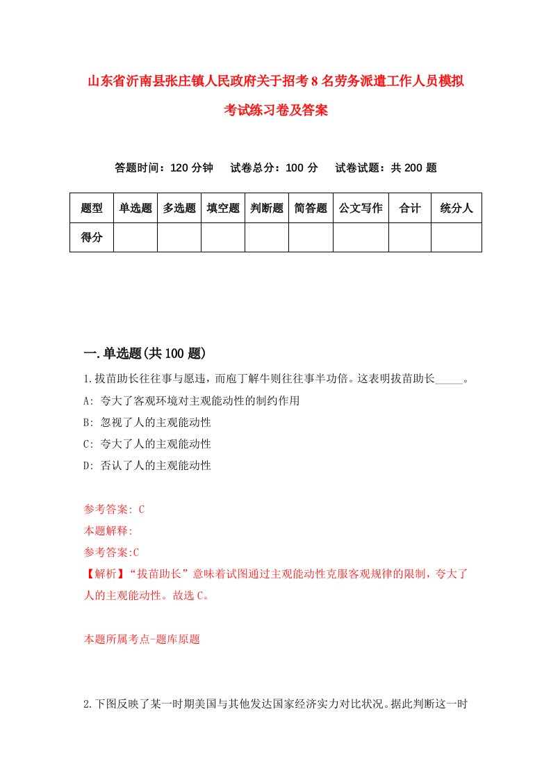 山东省沂南县张庄镇人民政府关于招考8名劳务派遣工作人员模拟考试练习卷及答案第2期