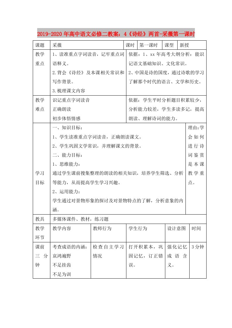 2019-2020年高中语文必修二教案：4《诗经》两首-采薇第一课时