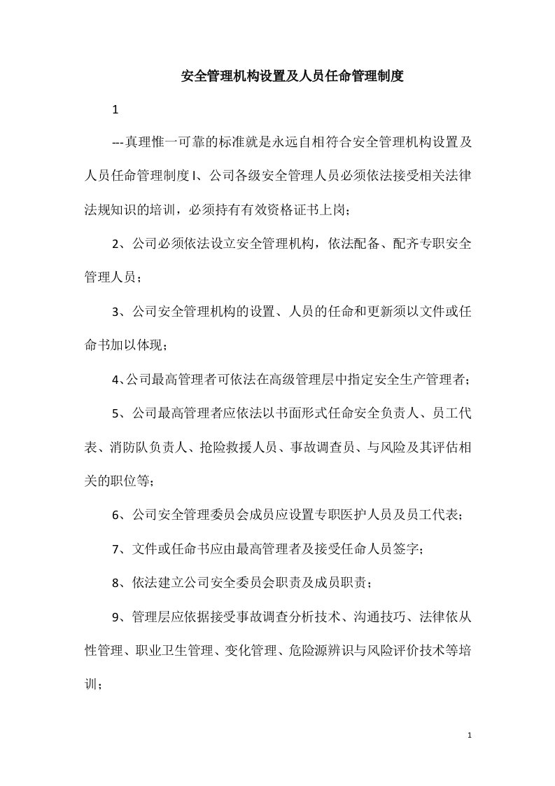 安全管理机构设置及人员任命管理制度