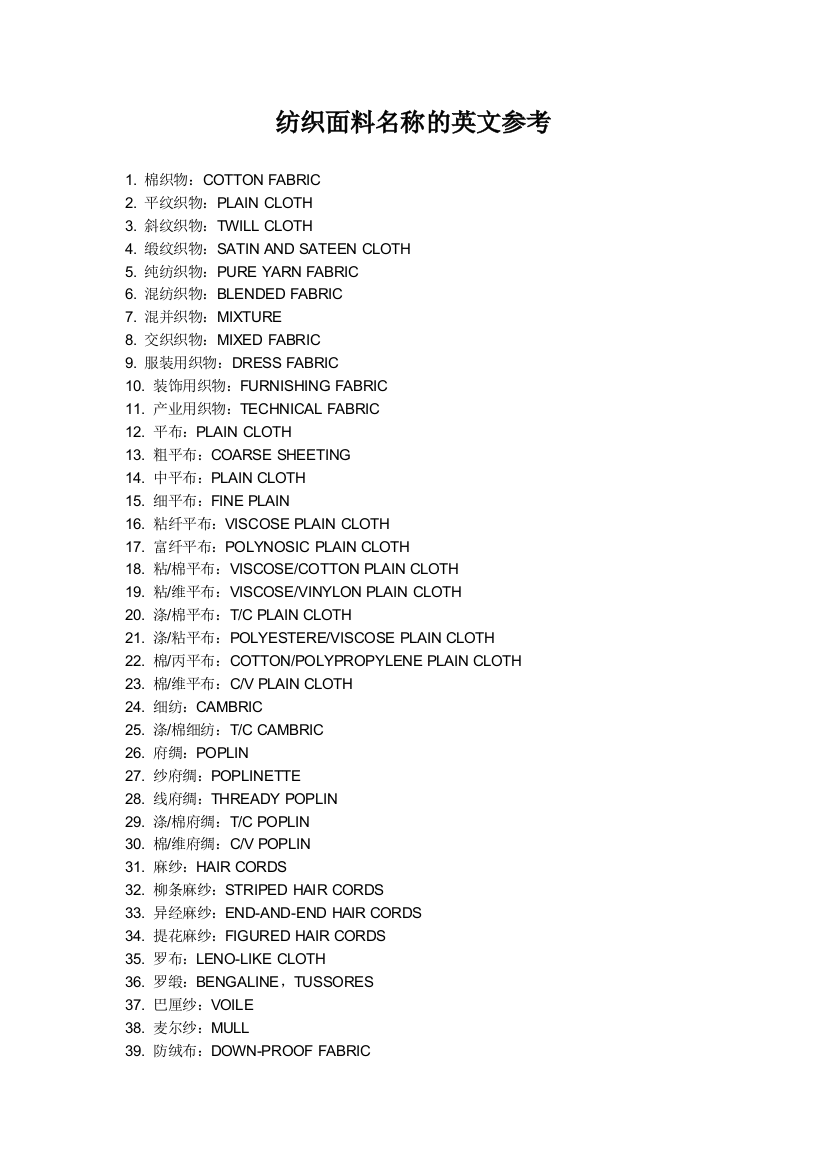 纺织面料名称的英文参考