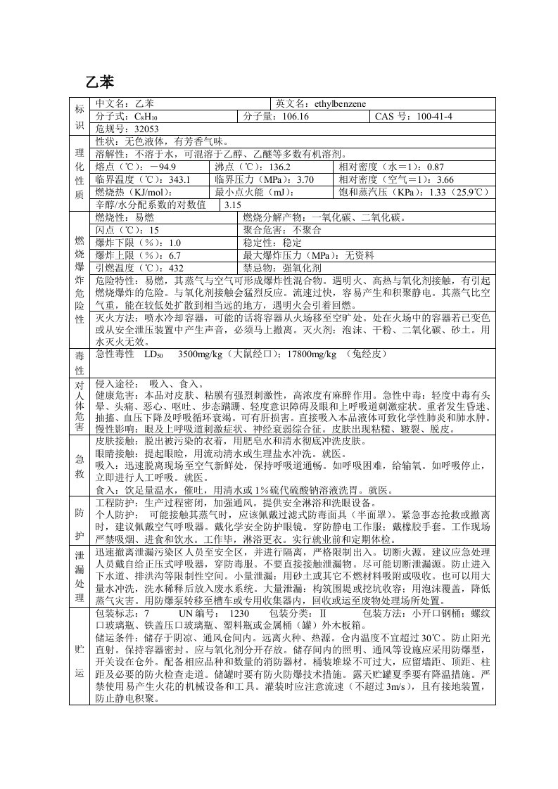 乙苯(MSDS)安全技术说明书