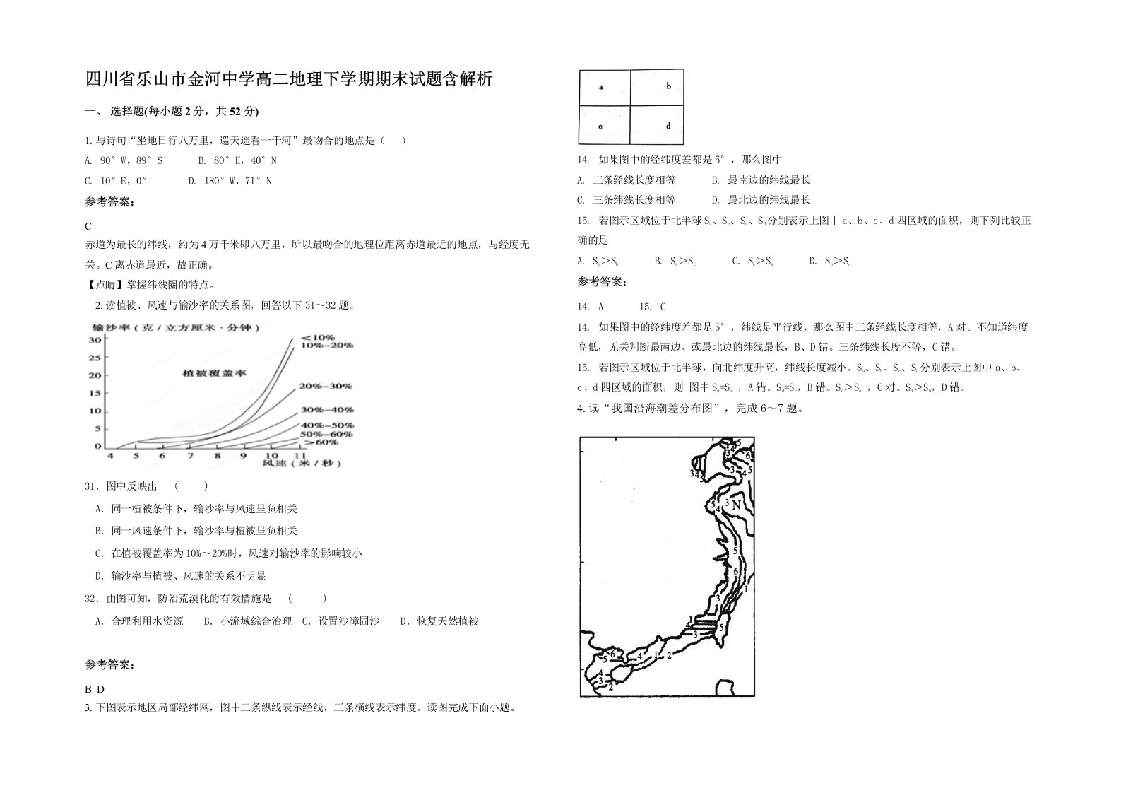 四川省乐山市金河中学高二地理下学期期末试题含解析