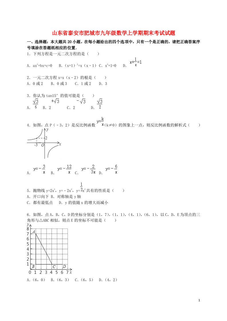 山东省泰安市肥城市九级数学上学期期末考试试题（含解析）