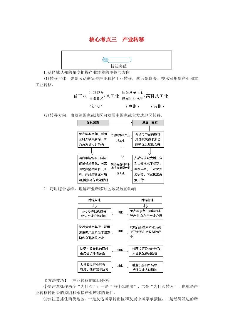 统考版2024高考地理二轮专题复习专题八工业生产与产业转移核心考点三产业转移教师用书