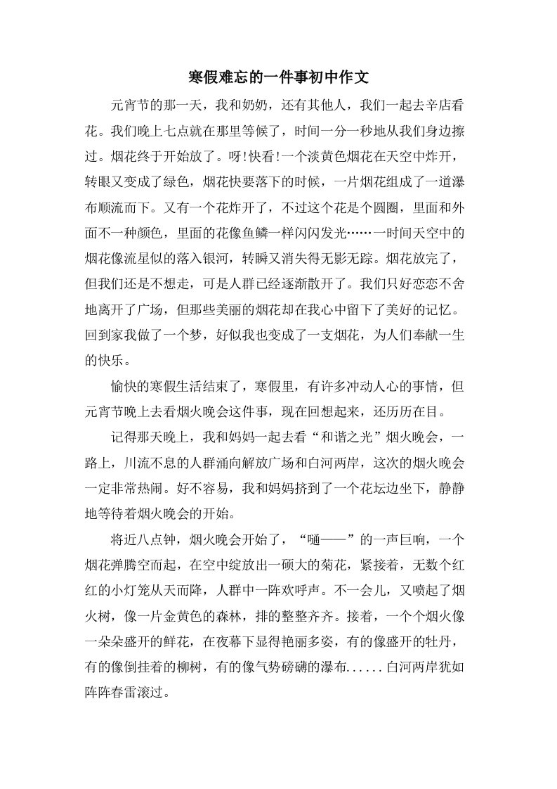 寒假难忘的一件事初中作文