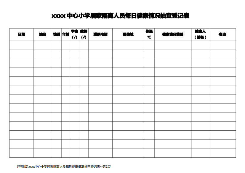 (完整版)xxxx中心小学居家隔离人员每日健康情况抽查登记表